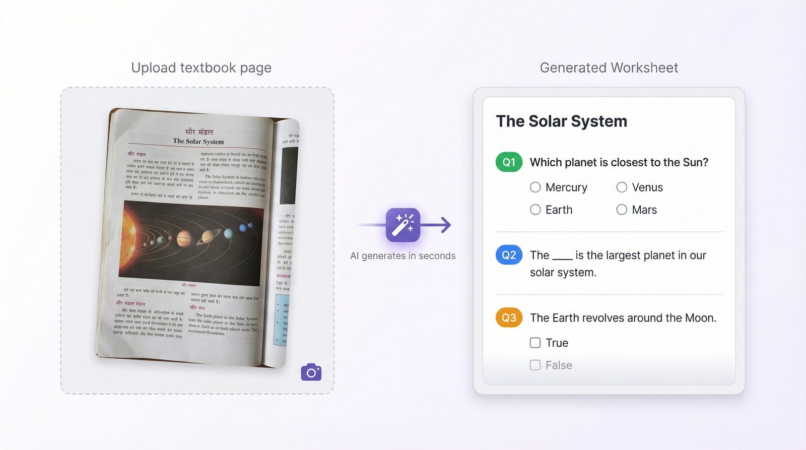 User uploading a textbook page and generating a worksheet