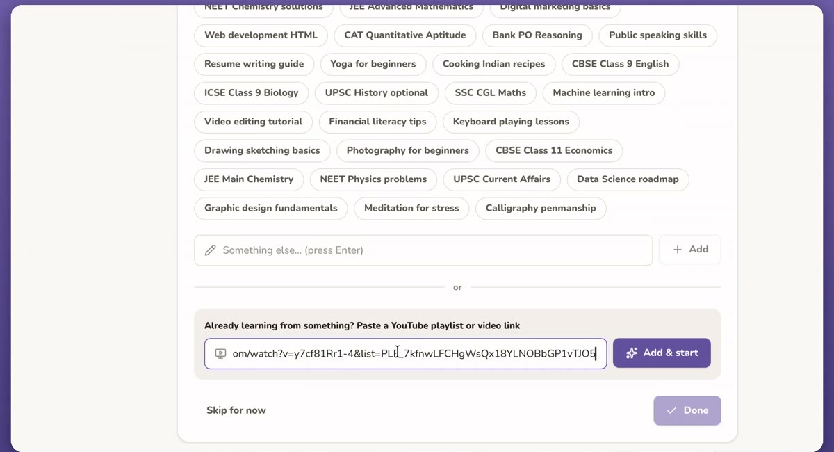 Recall Learning’s “Paste a YouTube playlist or video link” box with a playlist URL entered and an “Add & start” button, below a list of topic chips