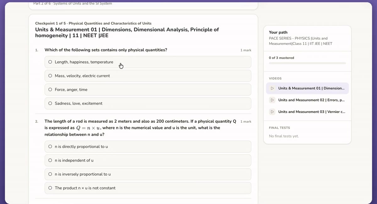Checkpoint 1 of 5 on Physical Quantities, showing multiple-choice questions such as “Which of the following sets contains only physical quantities?”
