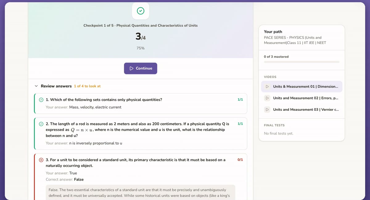 Checkpoint result of 3 out of 4 (75%) with a review of each answer; the wrong answer shows the correct answer and an explanation